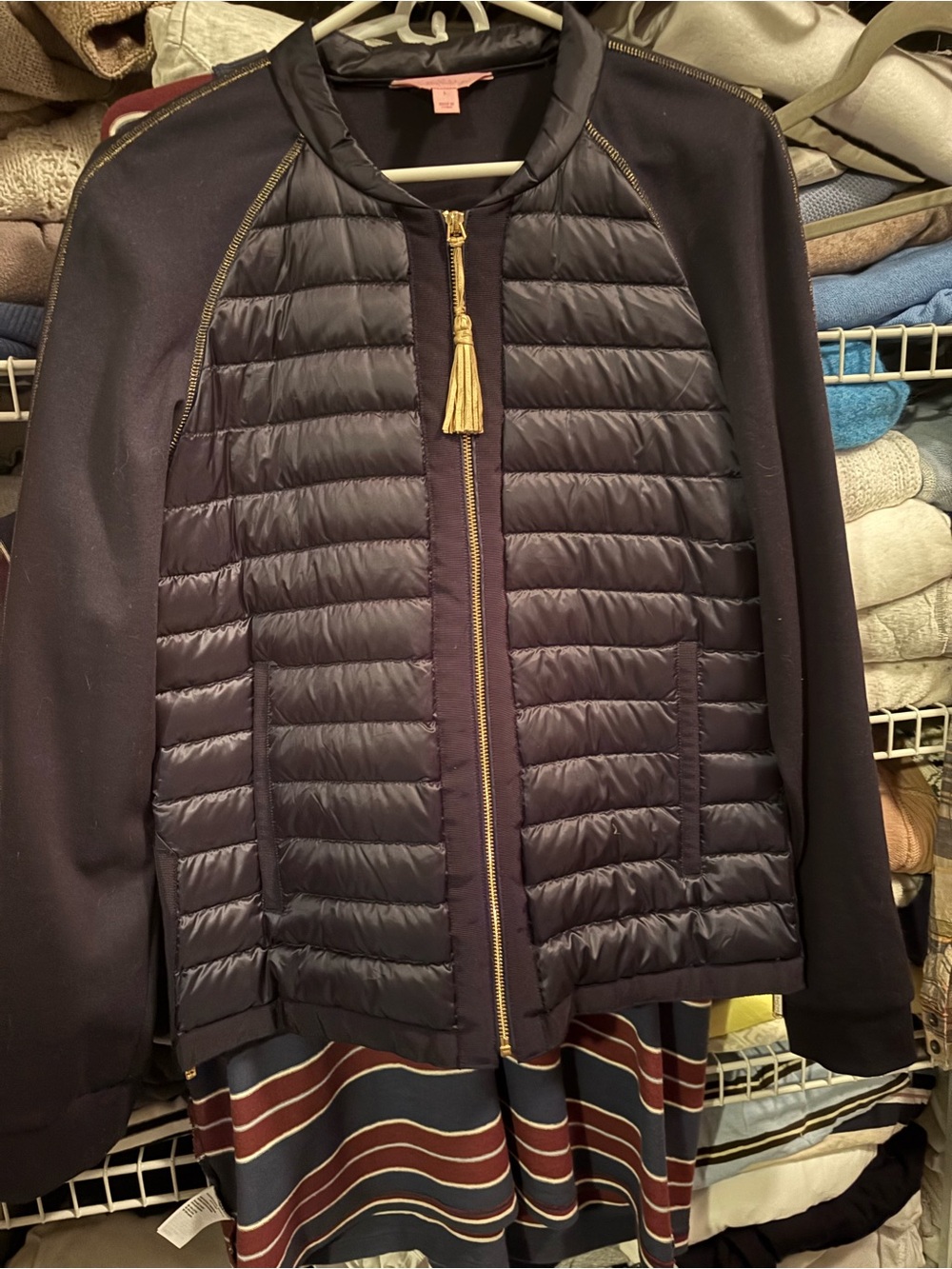 Lily Pulitzer Navy Quilted Jacket with Gold Tassel Zip